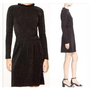 Tory Burch Black Isabelle Wool Metallic Knit Ruffle Neck Sweater Dress Large